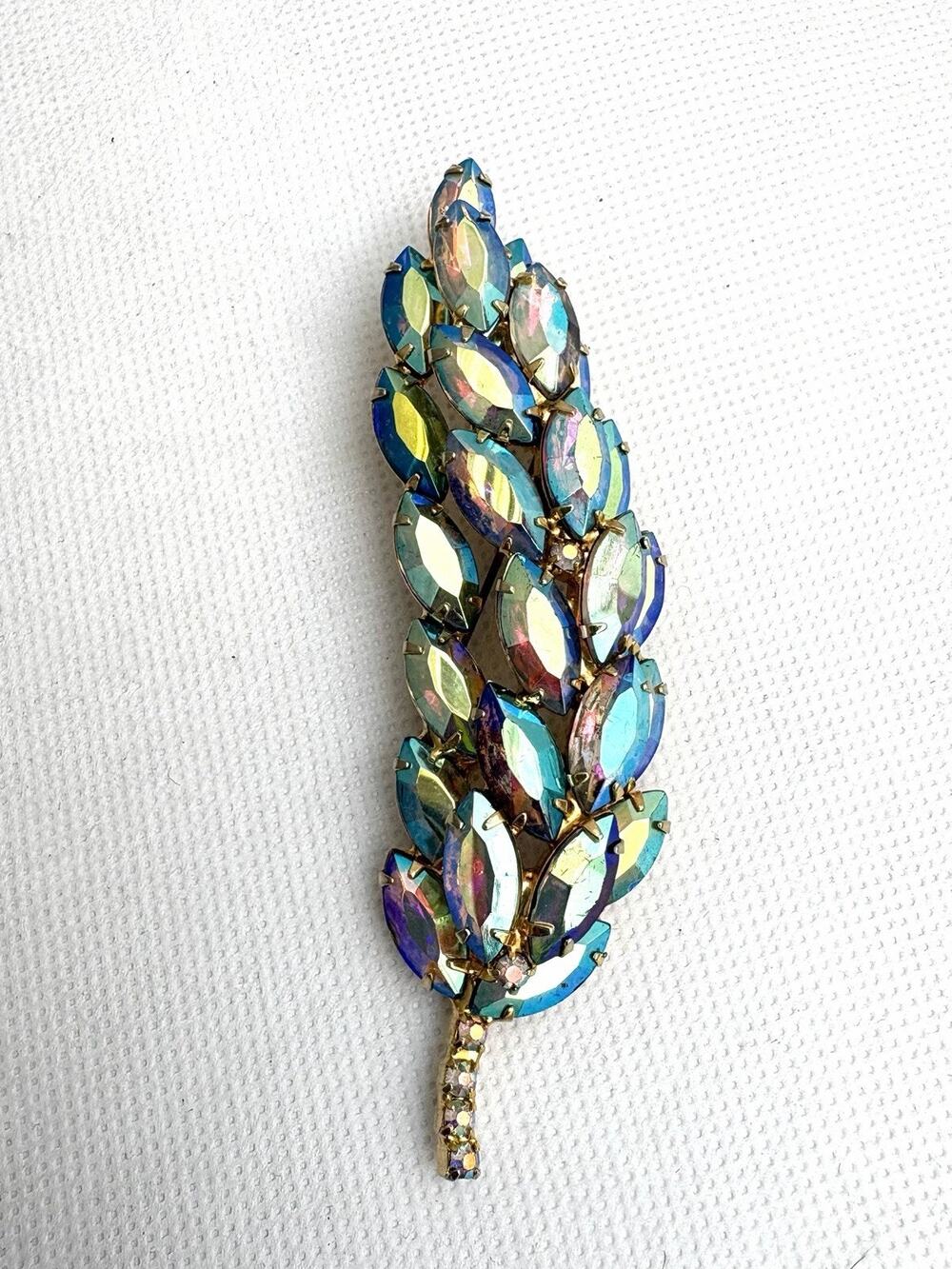 Vintage Blue Aurora Borealis Rhinestone Feather Brooch Marquis AB 4.5” Gold Mcm